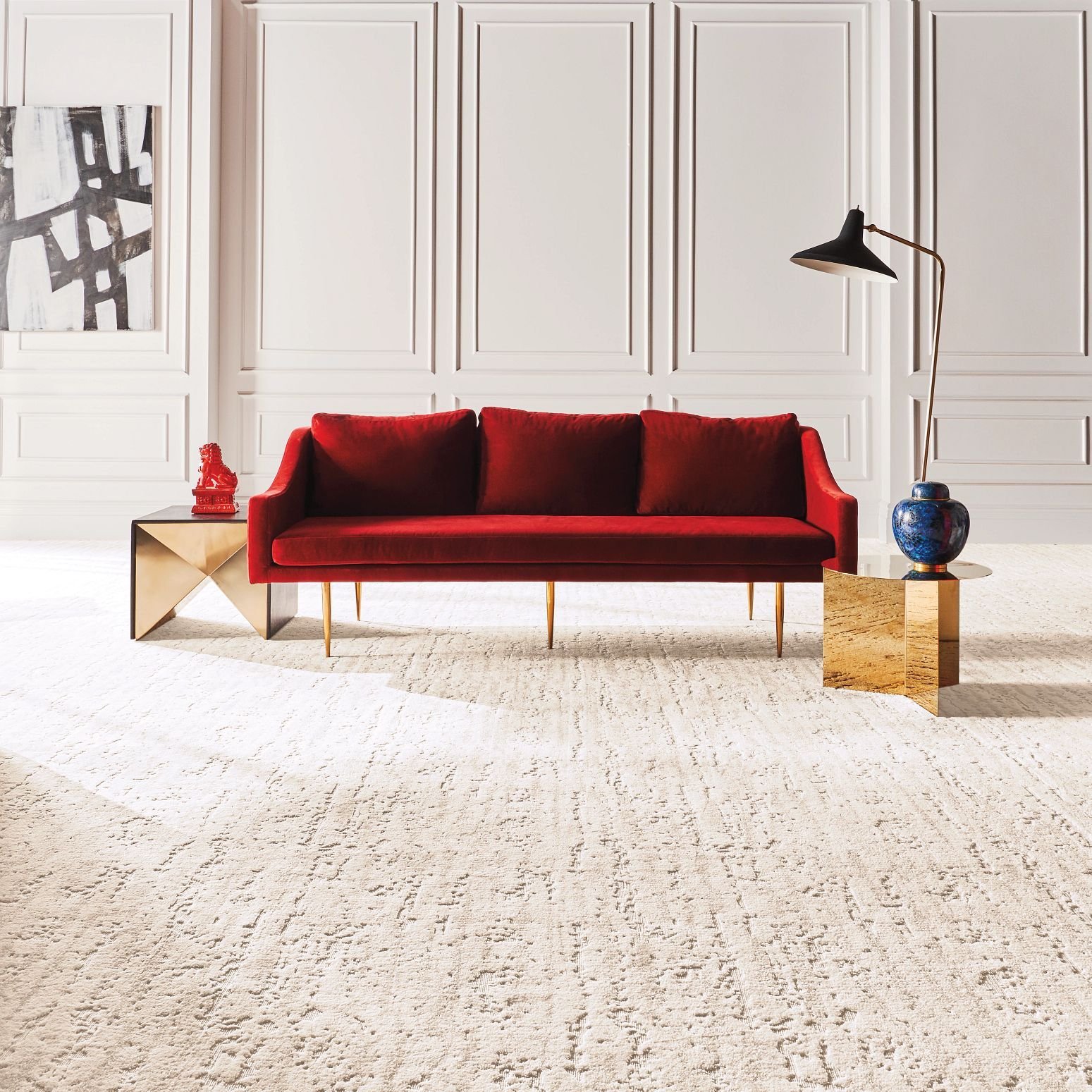 Red Couch On Nylon Carpets From Shaw Floors And Walnut Carpet